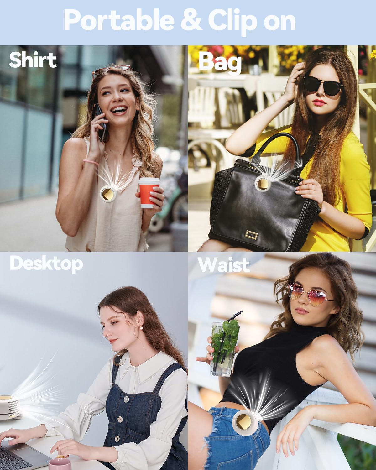 360° Rotatable Portable Mini Clip-on Fan，3-speed adjustable waist-clip fan;  ideal for outdoor activities.